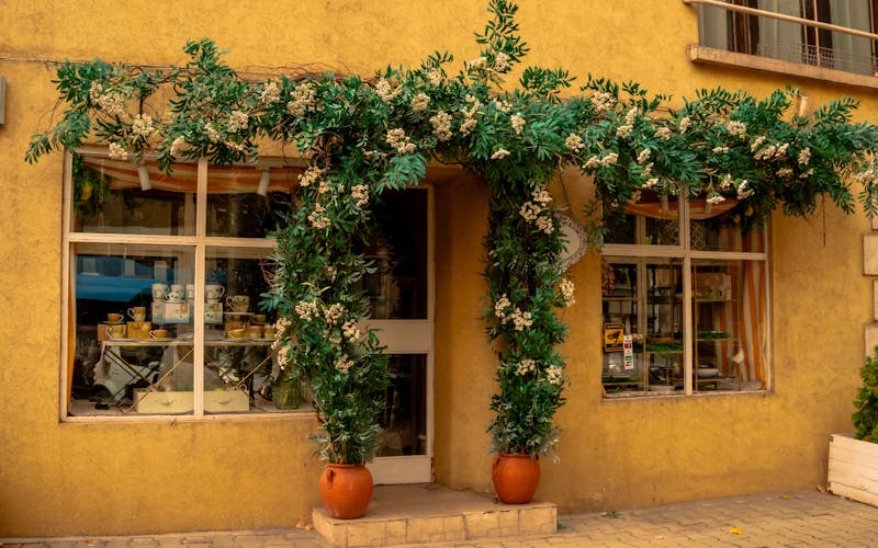Devanture fleurie d'un commerce de proximité avec une arche de verdure printanière